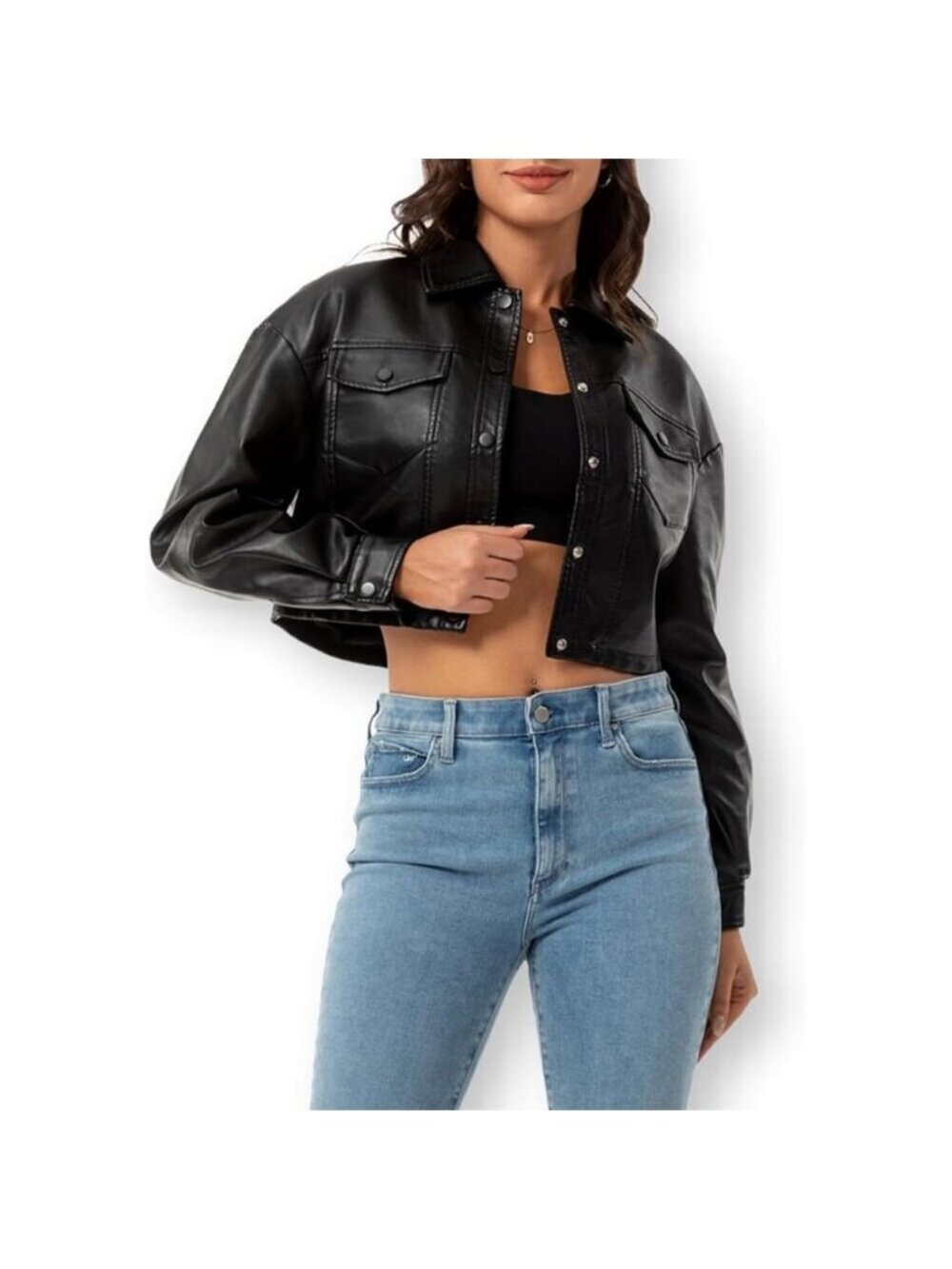Women Faux Leather Cropped Jacket Trendy Moto Biker Short Jacket PU Jacket Black